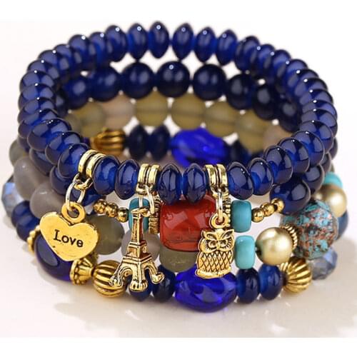 Vintage Resin Beads Bracelet Ethnic Owl Charm For Women Lava Stone Wristband Bangles Femme Bijoux Jewelry