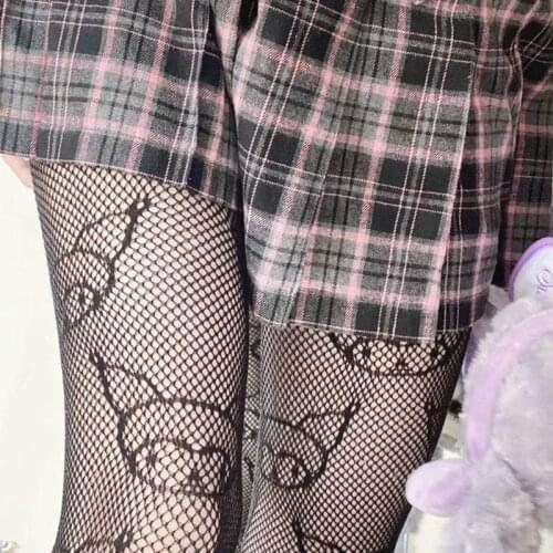 Japanese Anime Women Lolita Pantyhose Cartoon Devil Character Patterned Jacquard Tights Gothic Hollow Out Mesh Fishnet Wholesale