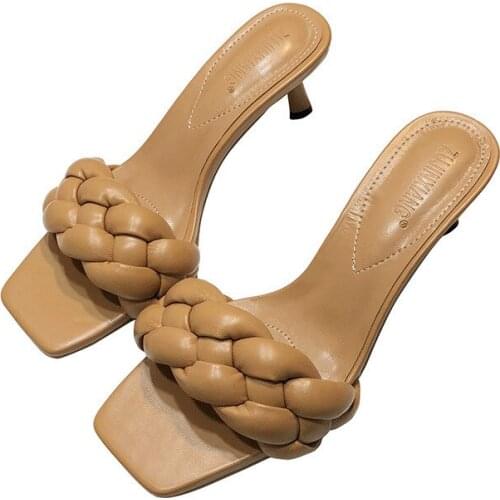 Size 35-42 Khaki green women sandals PU Slip On 5CM Thin Heels High heels Square Toe Shallow women shoes sandalias mujer 2020