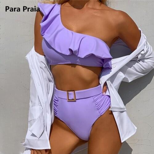 Para Praia 2021 One Shoulder Ruffled Female Swimsuit High Waist Bikini Women Swimwear Push Up Bikini Set Belt Bathing Suit