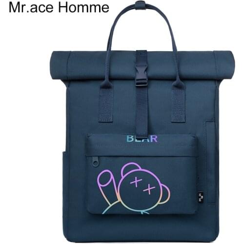 Blue Bear Print 14inch Laptop Backpack Women Cute Fashion School Backpack Girl Kawaii College Bag Boy Travel Bagpack Men