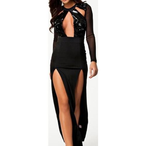 New Arrival Women Fashion Sexy Keyhole Double Slit Maxi Dress Long Sleeve Mesh Insert Gown With Sequin Front