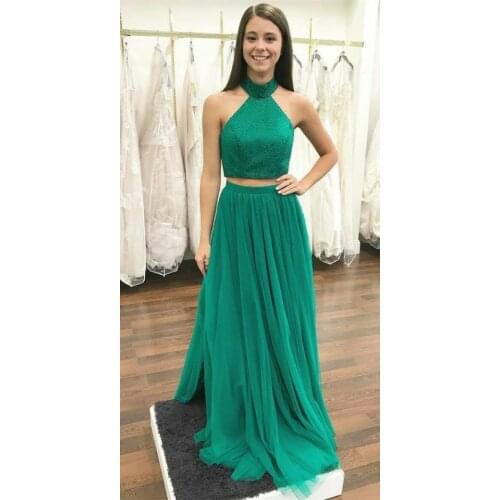 VKBRIDAL A-Line women Tulle Halter Green Beaded Prom Dresses Two Pieces Zipper Back Formal Evening Robes Homecoming Party Gowns