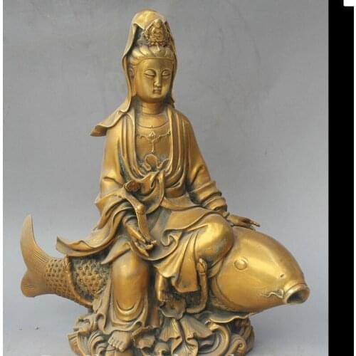 Zhmui88002842077++12" China Buddhism Brass Kwan-yin Guan Yin Goddess Ride Fish Lotus Ru Yi Statue