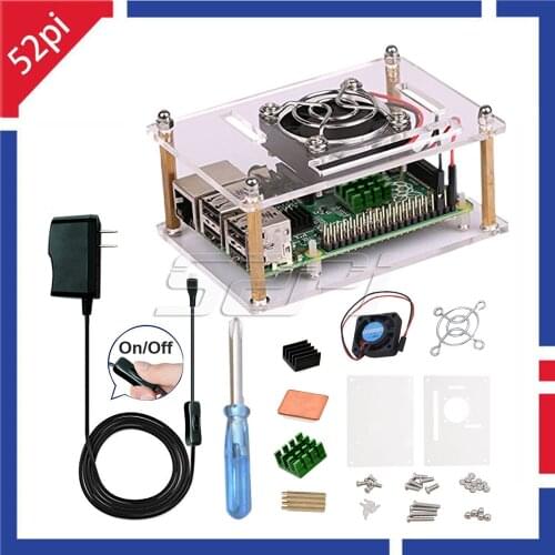 52Pi Acrylic Clear Case Enclosure Kit with 5V 2.5A Switch Power Supply & Cooling Fan & Heatsinks for Raspberry Pi 3/2 Model B
