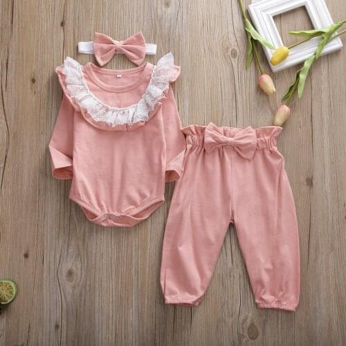 Fashion Baby Girls Cotton Long Sleeve Bodysuit + Pant + Headband 3 Pieces Set Bow-knot Pant Newborn Kid Outfit