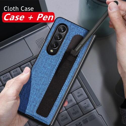 For Samsung Galaxy Z Fold 3 Case S Pen Holder Slot W22 Cloth Hard PC Protective Cover (not include SPen)