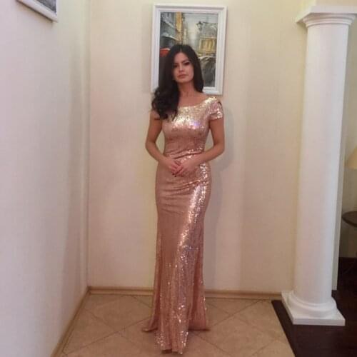 Elegant Womens Long Rose Gold Sequin Mermaid Bridesmaid Dresses Maxi Floor Length Open Back Formal Wedding Party Gowns Custom