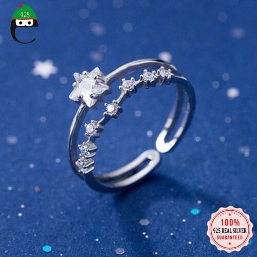 ElfoPlataSi Real 925 Sterling Silver Sweet Double Layer Star Siny CZ Opening Ring For Fashion Women Wedding Ring Jewelry DD918