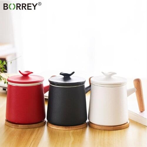 BORREY Porcelain Tea Cup Ceramic Office Tea Mug With Tea Infuser Filte Ceramic Mug With Wooden Handle Mat Coaster Ceramic Teapot