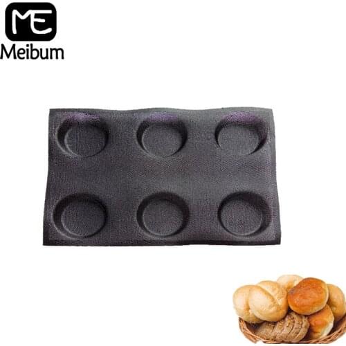 Meibum 6 Cavity Hamburger Round Bread Baking Mold Bun Baguette Eclair Bake Tray Non Stick Porous Glass Fiber Silicone Mould