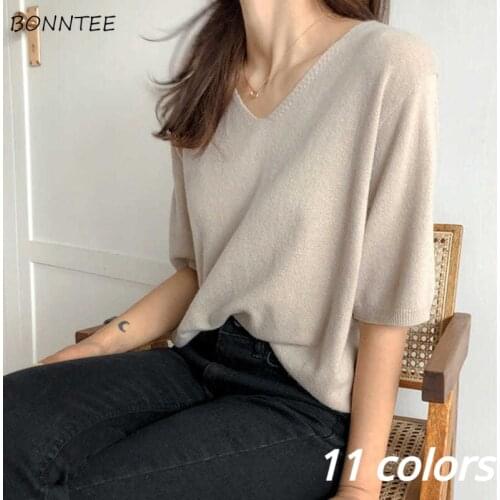 Half Sleeve T-shirts Women Daily Summer Retro Fashion Solid V-Neck Vintage Ins Hot Sale Tender 2021 Classic Clothes College Thin