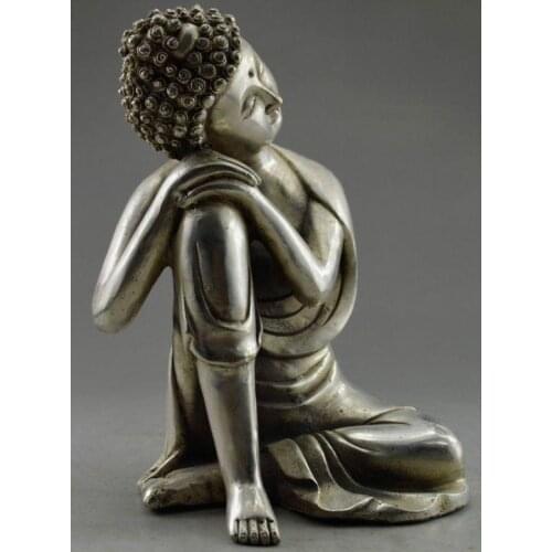 Collectible Decorated Old Handwork Tibetan Silver Carved Buddha Dogsleep Statue