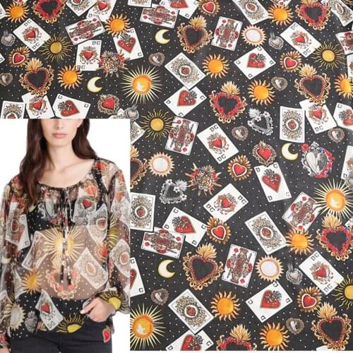 Sacred Heart Collection with Love Passion Heart Playing Cards Stretch Black Chiffon Fabric For Woman Summer Dress Blouse Sewing