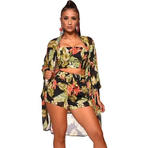Hot Women Floral 3Pcs Bikini Floral Crop Top Short Trousers Long Sleeve Cape Swimwear Beach Bathing Suit Cover Up+2Pcs Suit