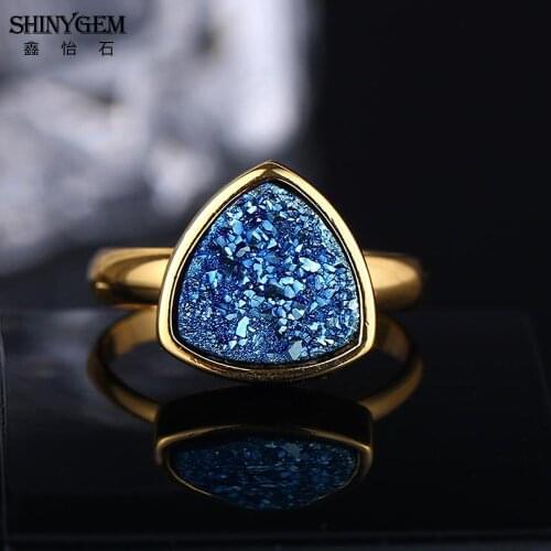 ShinyGem Fashion 10*10mm Triangle Natural Crystal Druzy Ring Charm Adjustable Gold Plating Geode Gem Stone Rings For Women Gift