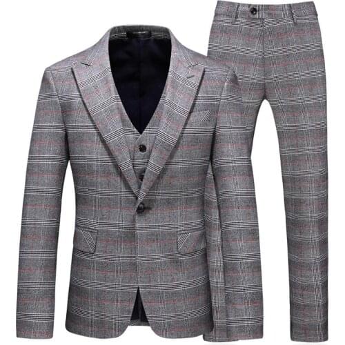 Men Grey Plaid Suit 3 Piece(Blazer+Vest+pants）fashion Slim Fit Wedding Suit Prom Tux Formal Dress Windowpane High-end Suits