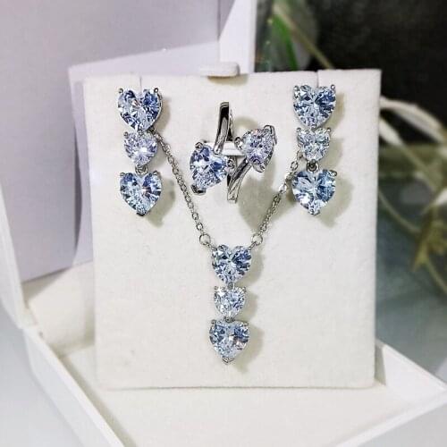 New inlaid heart-shaped necklace, earrings, adjustable ring, three-piece set, love zircon exquisite ladies jewelry set