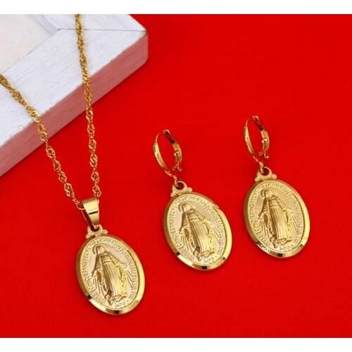 Virgin Mary Jewelry Set Trendy Gold Color Our Lady Women Men Jewelry Wholesale Cross Pendant Necklaces Set