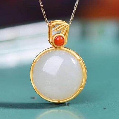 Silver nature Hetian white jade Round Pendant Necklace Chinese style retro charming womens Christmas Halloween Gift