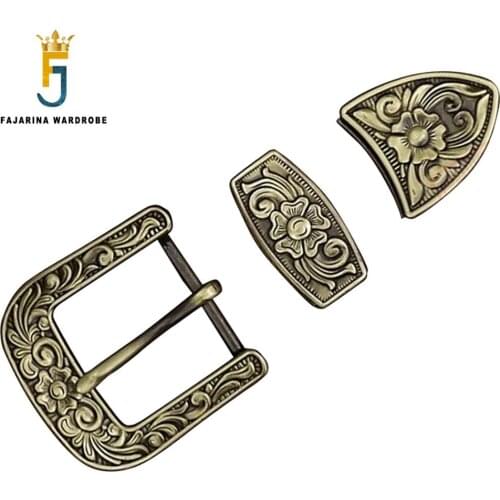 FAJARINA Pure Copper Waist Pin Belt Buckle Three Piece Chinese Wind Floral Pattern Needle Styles Button Ring Set Fittings BCK047