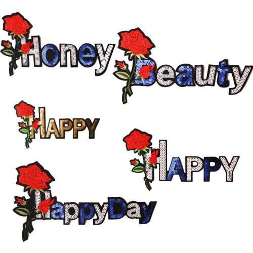 Happy with roses sequin icons icon Embroidered Iron on Patches for Clothing DIY Stripes Clothes Patchwork Stickers Custom Badges