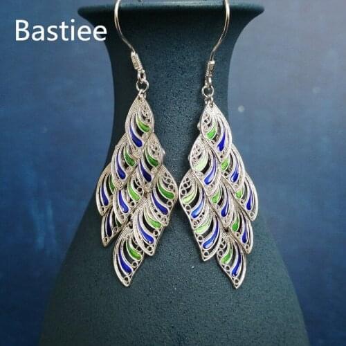 Bastiee Feather Earrings For Women 999 Sterling Silver Jewelry Luxury Fine Drop Earring Peacock Cloisonne Enamel Hmong Handmade