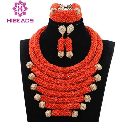 Wedding Orange Beads Statement Necklace Set Chunky Bib Beads African Jewelry Set Fashion Necklace Set WD987