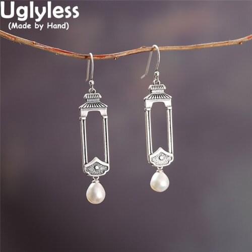 Uglyless Palace in high Sky Creative China Chic Vintage Earrings for Women Thai Silver 925 Silver Pearls Earrings Hollow Square