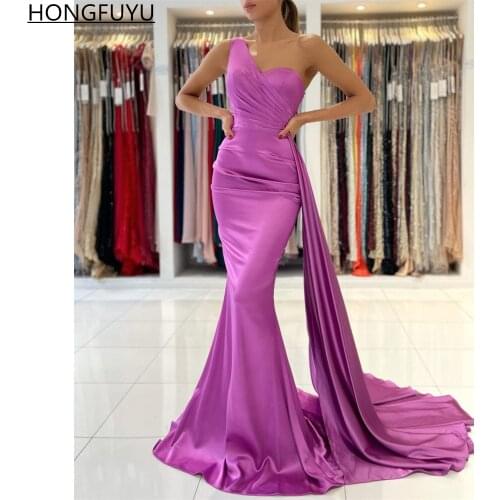 HONGFUYU Sleeveless One Shoulder Prom Dresses Satin Pleated Evening Gowns платье на выпускной robes de soirée With Long Train
