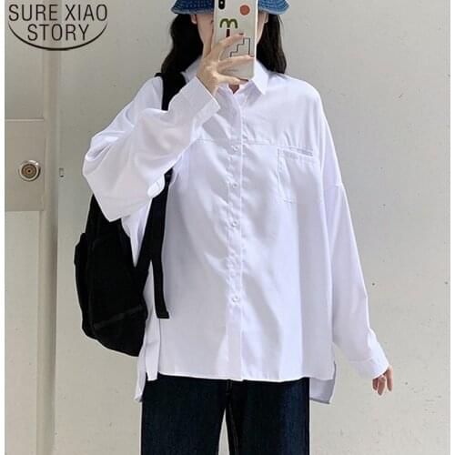 2021 New Office Lady Fashion White Tops Autumn Long Shirt Women Loose Clothing Women Long-Sleeve Blouse Lapel Pocket Shirt 11408