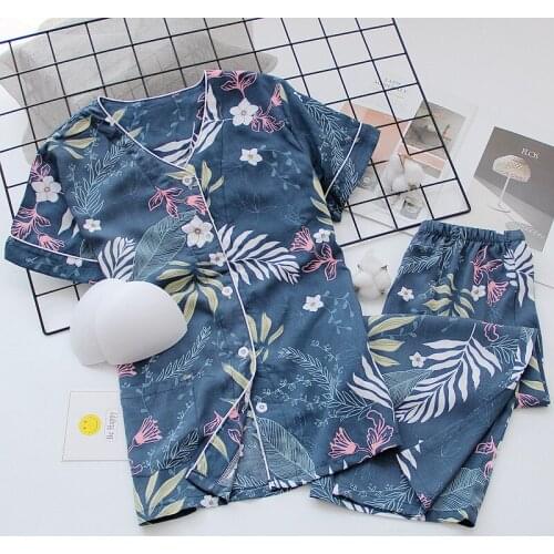 2020 Summer New Ladies V-Neck Cardigan+Pants Pajamas Set Printed Women Comfort Sleepwear Soft Thin Homewear With Chest pad