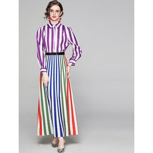 Runway Fashion Maxi Dress Women 2021 Spring Autumn Long Lantern Sleeve Striped Print Belt Plus Size XXXL Party Dress k8967