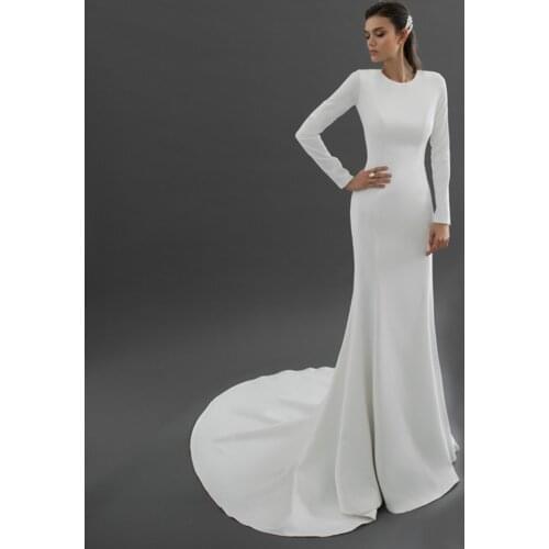 Sheath Jersey Sweep Train Long Sleeve Wedding Dress 2021 O-Neck Pure Color Backless Bridal Gowns Vestido De Novia 2021