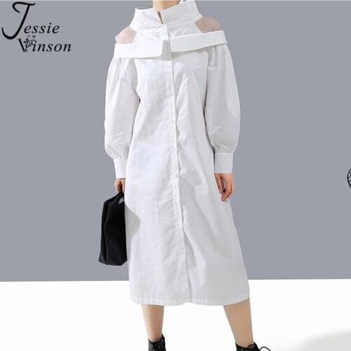 Jessie Vinson Long Sleeve White Shirt Dress Women Mesh Shoulder Lantern Sleeve Midi Dresses Korean Style Spring Vestidos Female