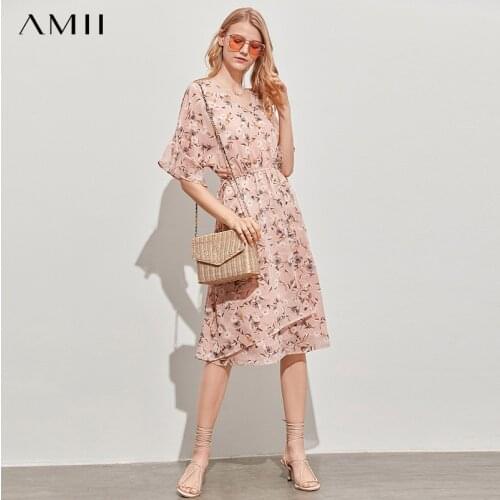 Amii Summer Women Chiffon Printed Dress Female Casual V-neck Drop Shoulder Sleeve Loose Beach Dresses Vestidos 11930285