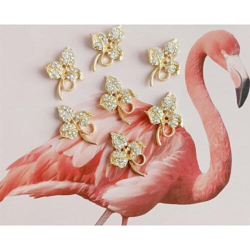 10Pcs/lot Full Crystal Leaf Alloy Craft Supplies Rhinestone Golden Button Flatback for DIY Hair Bridal Jewelry Accessory Decors