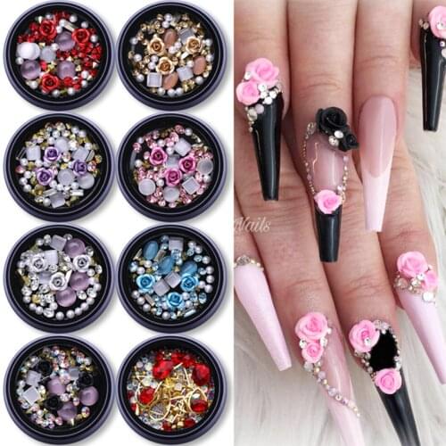 3Boxes Mixed Styles Nail Art Rhinestone Pearl 3D Decorations Metal Heart Caviar Beads Studs Nail Jewelry Manicure Accessories