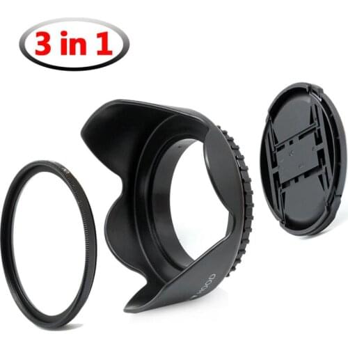 3-in-1) 49mm Camera Value Pack for SLR Camera Front Lens Cap + Screw-on Lens Hood + 49 mm UV Lens Protective Filter