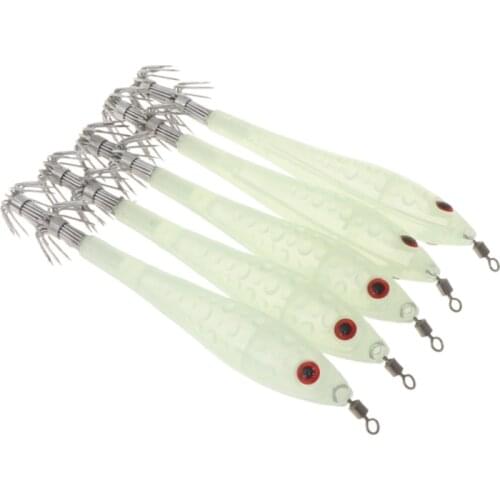 5Pcs Glow In Dark Luminous Squid Cuttlefish Fishing Lures Tackle Jig Bait Hooks X3UA