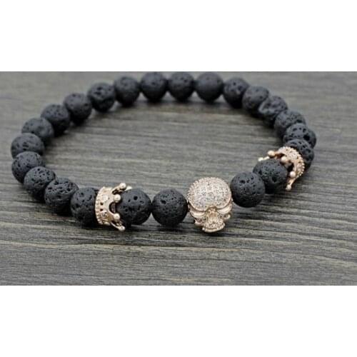 8mm jgh4 silver gold Crown skull adjusted black volcanic lava micro pave cz zircon cubic zirconia Bracelet essential oils