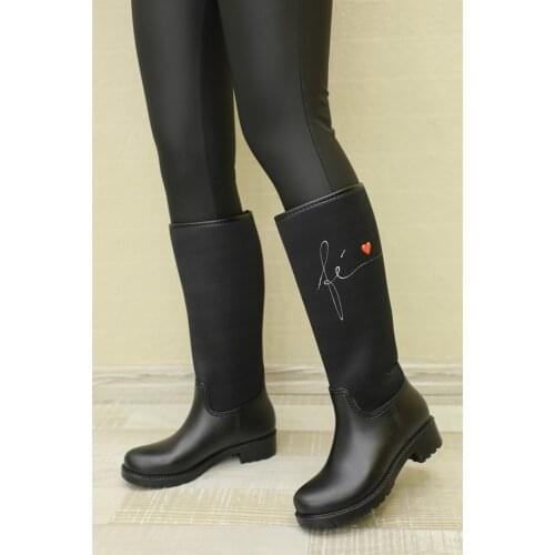 Womens winter autumn new season fashion boots waterproof PVC Materyale black Layd shoes Raund toe stretch fabric