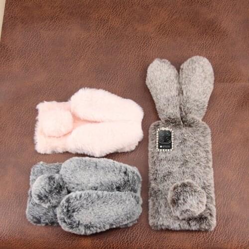For Huawei P40 Lite Phone Case Fluffy Rabbit Ears Plush Shockproof For Huawei P40 Pro Shiny Diamond Back Cover