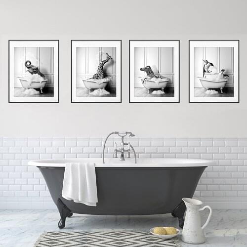 Animal Black White Art Prints Elephant Zebra Penguins Giraffe Bathtub Canvas Poster Nordic Wall Pictures Bathroom Toilet Decor