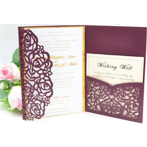Tri fold wine red rose laser card wedding invitations elegant