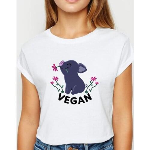 New T-shirt Female Vegetarian Pigs Biting Flowers T-shirts Spring Summer Tee shirt Cute Prevalent женская Round Neck Tshirt