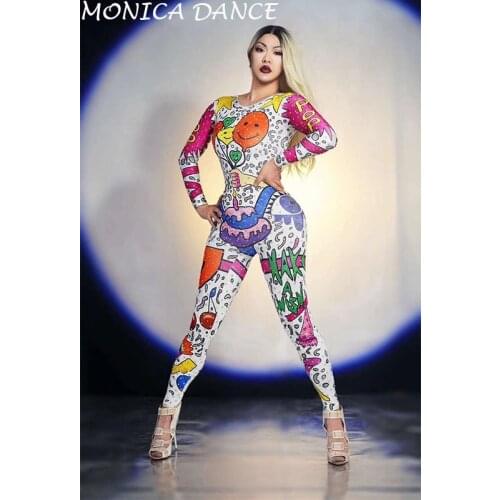 Women Sexy Cartoon Doodle Jumpsuit Outfit Female Singer Performance Party Wear Dance Stage Costume Bodysuit Prom Show Jumpsuit