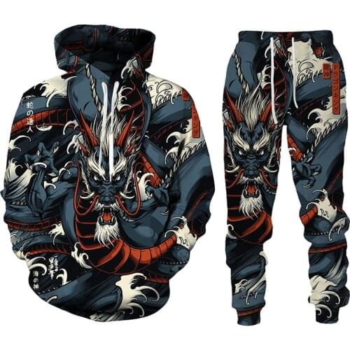 Autumn Winter 3D Oriental Dragon God Printed Mens Hooded Sweater Set Male Sportswear Tracksuit Long Sleeve Men Clothing Suit