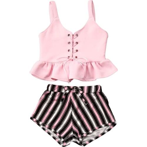 Citgeett Summer 2-6Years Kid Baby Girls Clothes Sets Pink Sleeveless V Neck Vest Tops+Striped Print Shorts 2pcs Set
