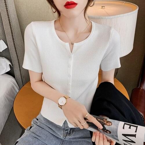 Summer Women Sexy Top Cropped Rib Sleeve T-shirts Solid Slim Knitted sweaters 2021 cardigan